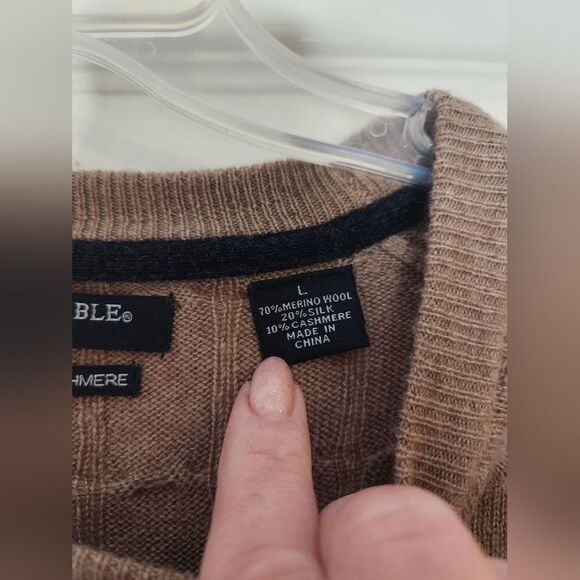Impermeable L Tan Cable Knitted Lngslv MERINO WOOL SILK CASHMERE Men's Sweater - Picture 5 of 8